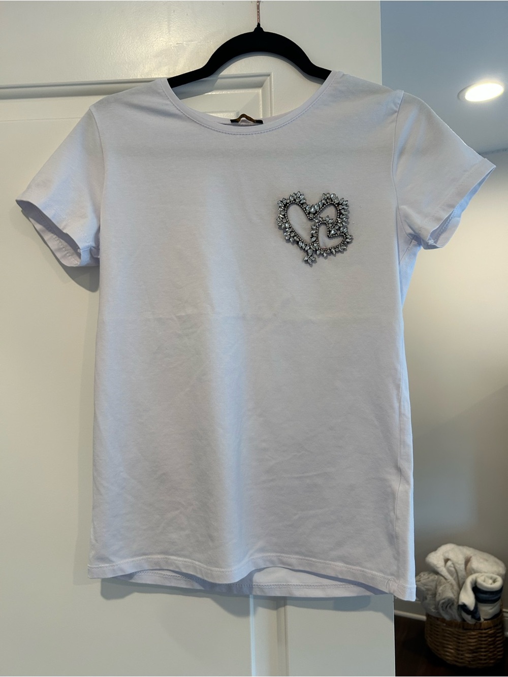 Women's White Short-Sleeve Tee with Heart Embellishment
